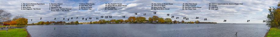 Panoramic image of Lake Erie Metropark count site with key landmarks.  View is approximately 4 miles wide from south (Lake Erie, #27, right) to north (Marsh Creek, #1, left).  Image courtesy of J.S. Jourdan.